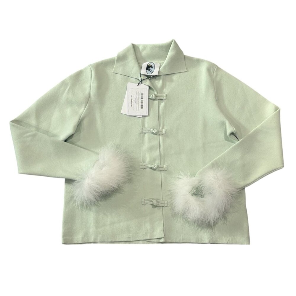 Sleeper Crane Knitted Cardigan With Detachable Feathers in Mint